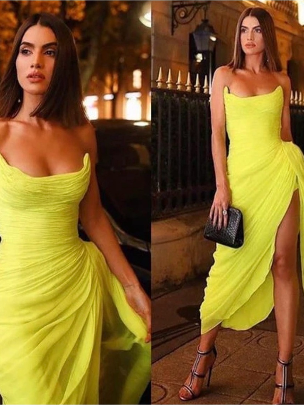 Elegant Strapless Neon Yellow Evening Dress